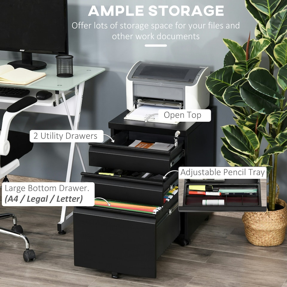 image 1 of Vinsetto 3 Drawer File Cabinet, Lockable Metal Filling Cabinet, Black