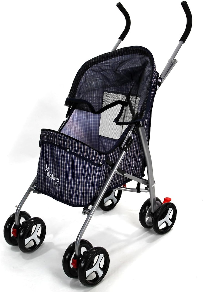 image 1 of Pet Stroller Dog Cat Puppy Pram Pushchair Travel Cart Jogging Buggy Carrier (Blue Tartan with Cover)