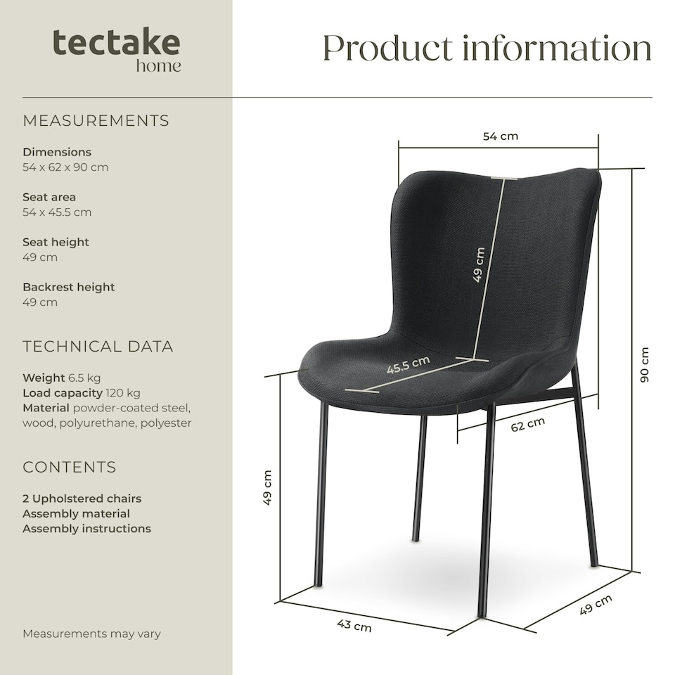 image 1 of Dining Chair Tessa - ergonomic high backrest, slim steel legs, soft fabric - Set of 2 Black | Woven Fabric Black/Black