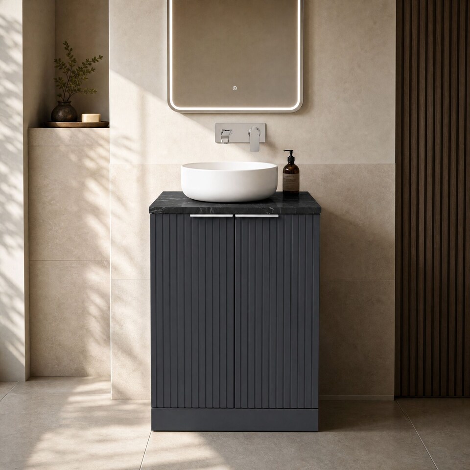 image 1 of Balterley Callingwood Contemporary Floor Standing 2 Door Vanity Unit with Black Pietra Marble Laminate Worktop , 600mm, Dark Grey