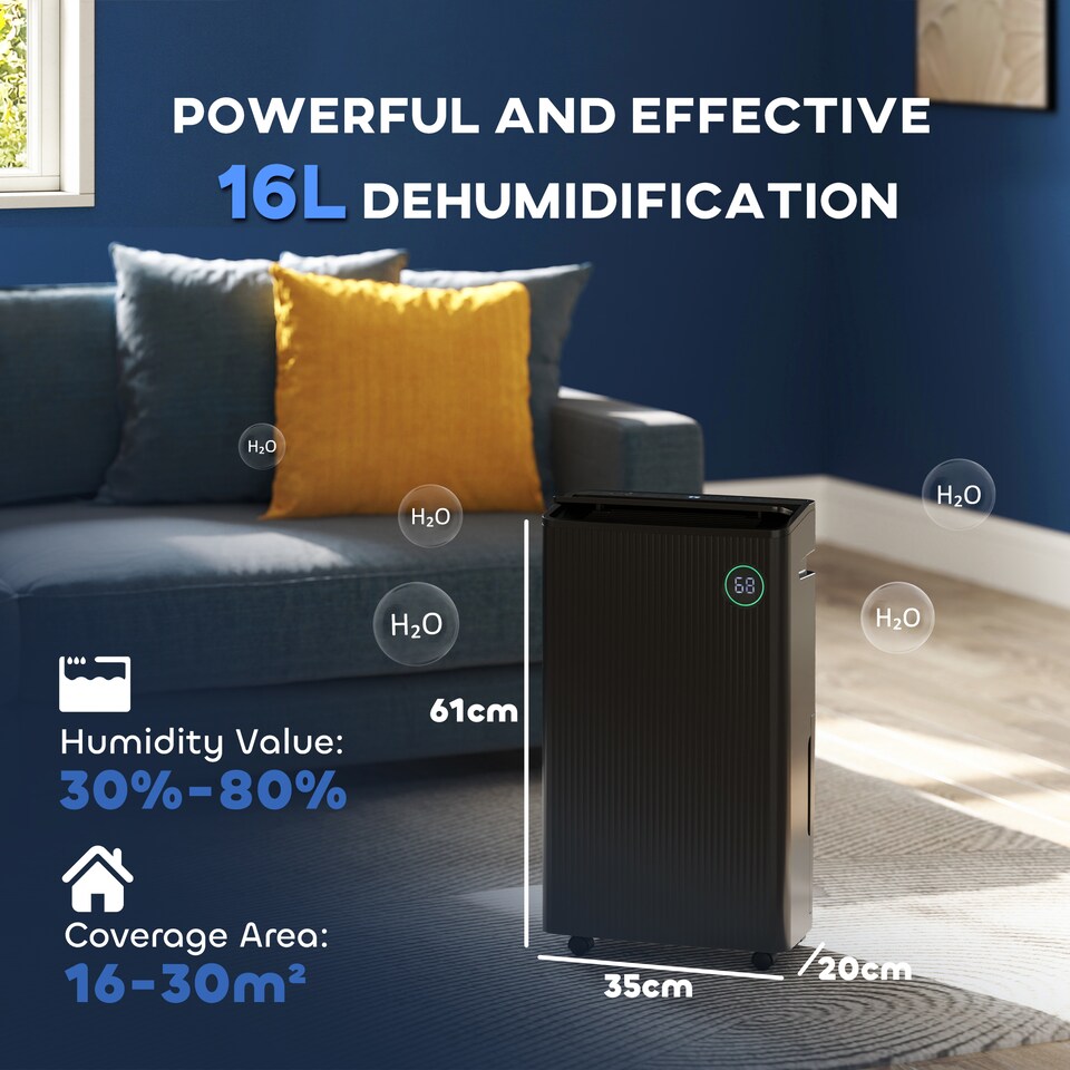 image 1 of HOMCOM 16LDay Dehumidifier with Air Purifier and HEPA Filter, UVC, Ioniser, 5.5L Water Tank, 24H Timer, for Home Damp, Condensation, Mould and Laundry Drying, Black