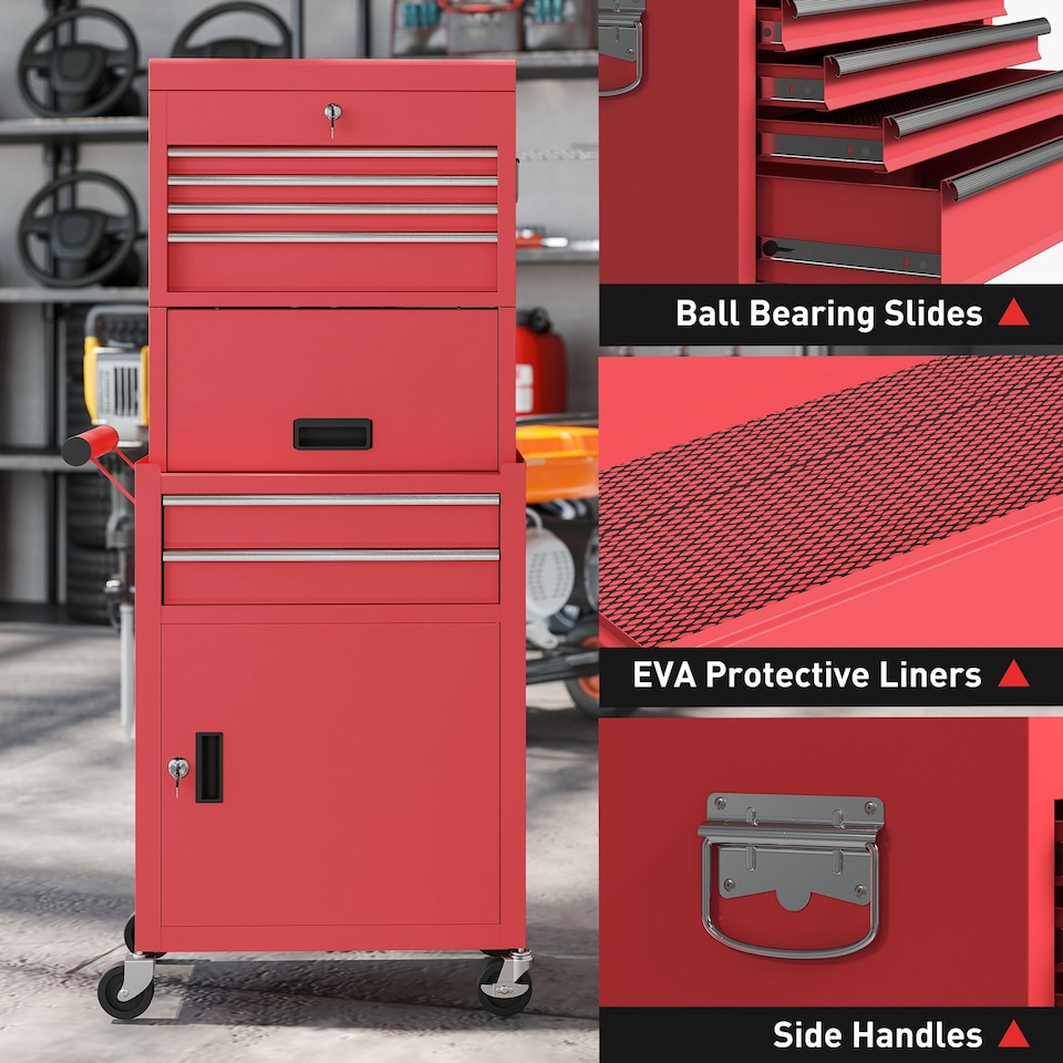 image 1 of HOMCOM Lockable Tool Cabinet, 3-in-1 Rolling Tool Chest Combo with 6 Drawers and Pegboard, Detachable Steel Tool Storage Cabinet for Garage and Workshop, Red | Red