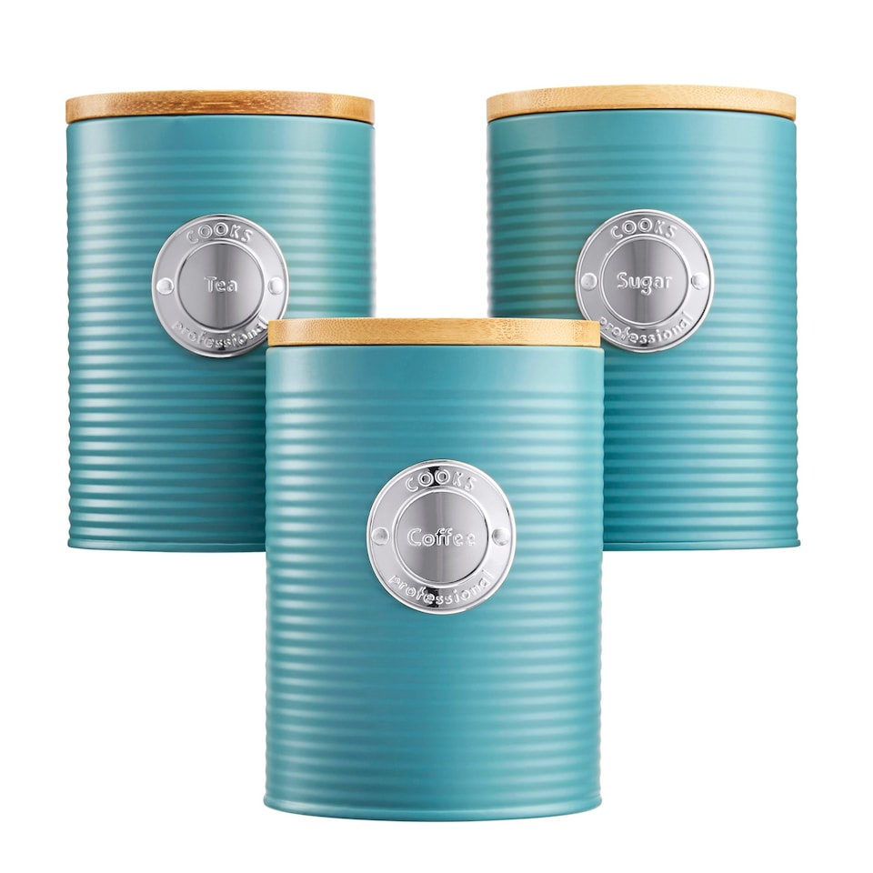 image 1 of Cooks Professional 3 Piece Ribbed Tea, Coffee, & Sugar Cannisters with Bamboo Lids | Stainless Steel Kitchen Storage Bins | Teal & Silver