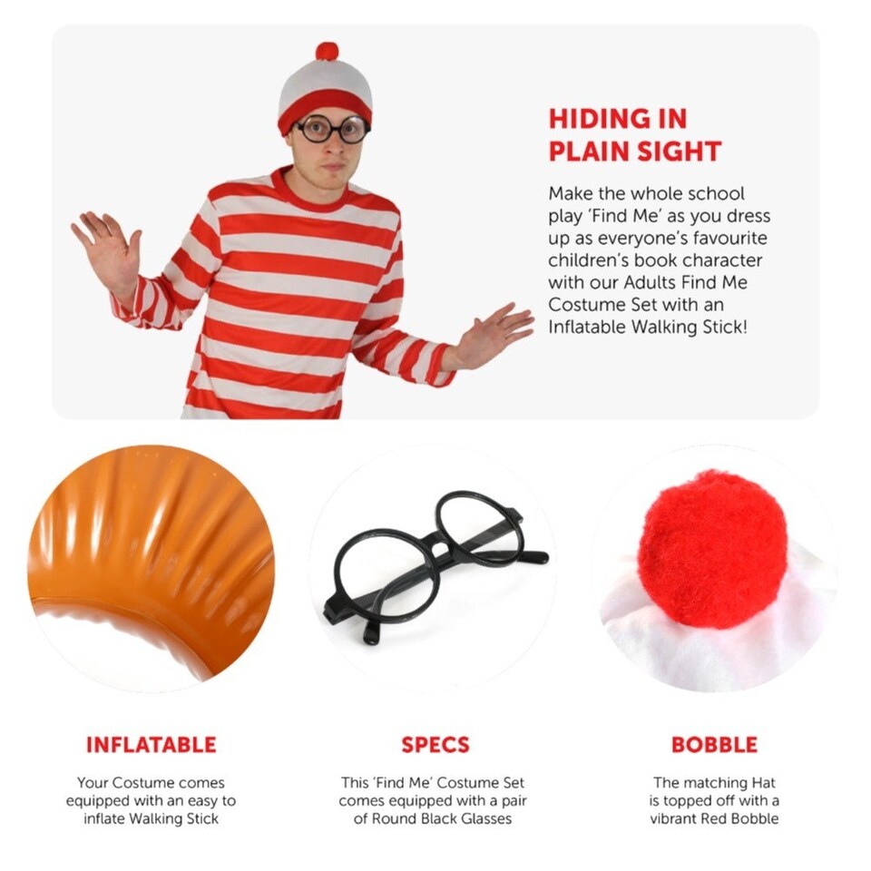 image 1 of Find Me Costume - Top, Hat, Glasses & Walking Stick | Red | XL