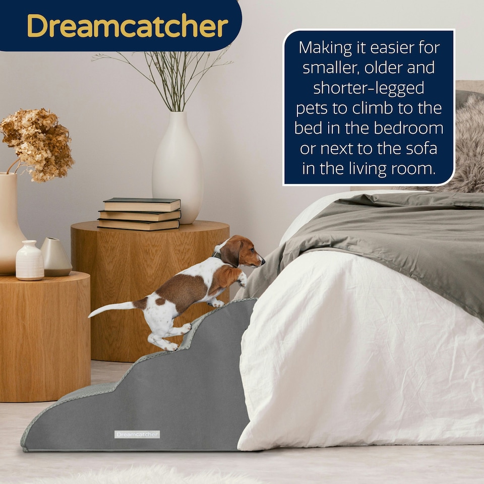 image 1 of Dreamcatcher 3 Step Dog Stairs for Bed 60x40x40cm, High Density Foam Ramp | Grey | Grey | 3 | 1