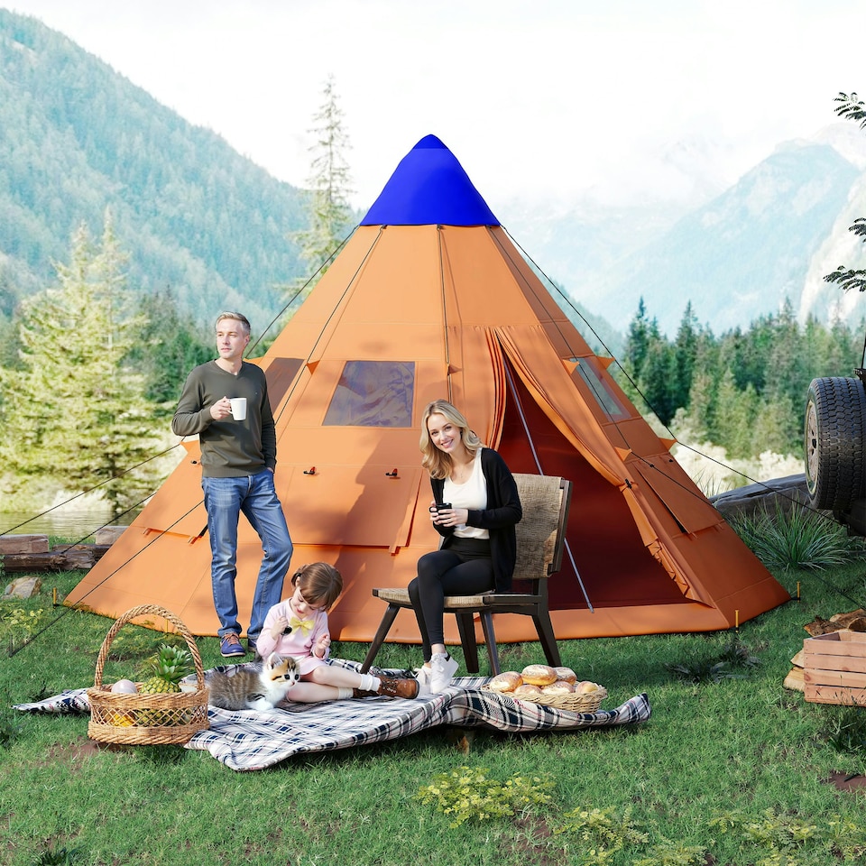 image 1 of Outsunny 6-7 Person Large Family Party Camping Tent with Carrying Bag Orange | Orange