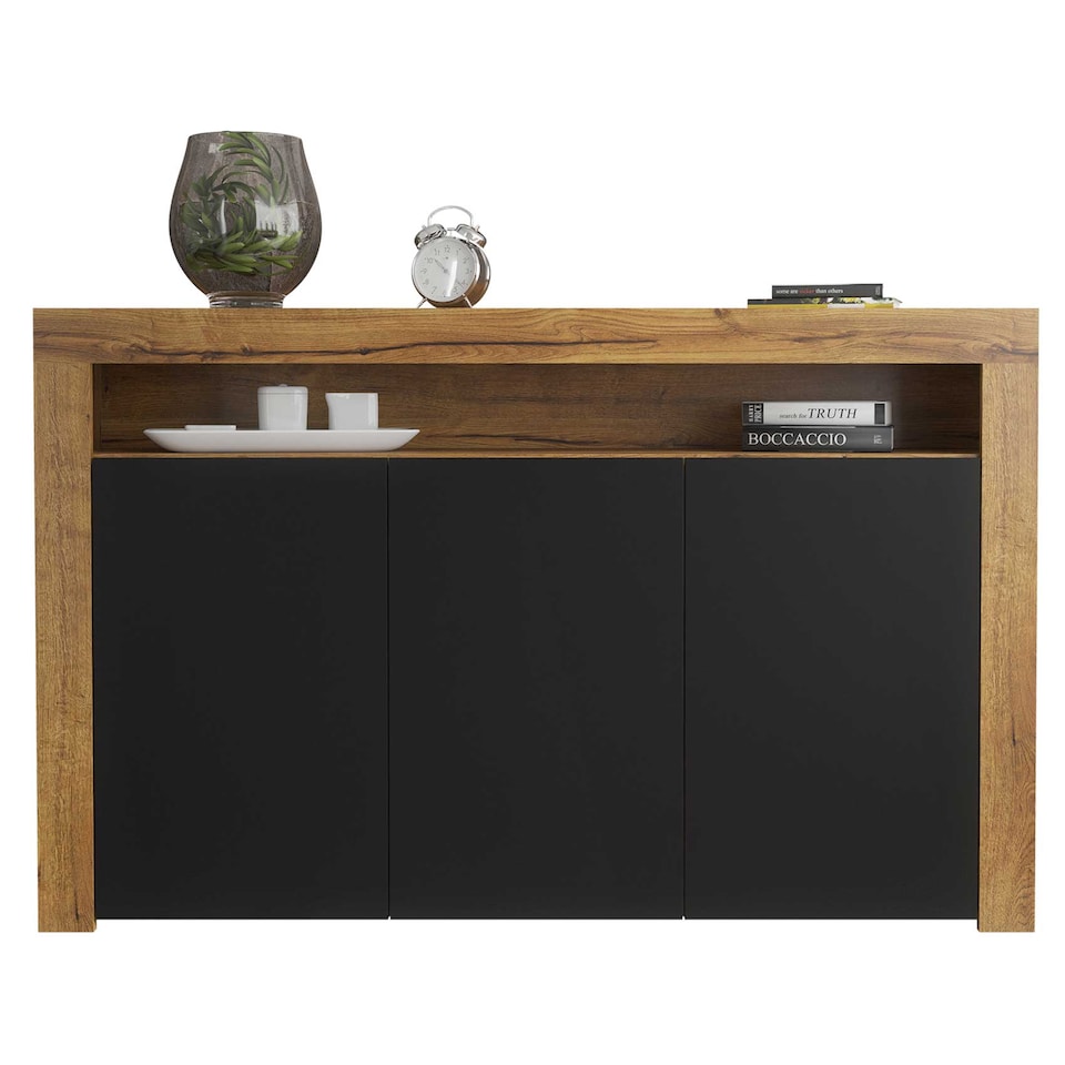 image 1 of Sideboard TV Unit TV Stand Oak Black Storage Cabinet Media Console Cupboard 155cm
