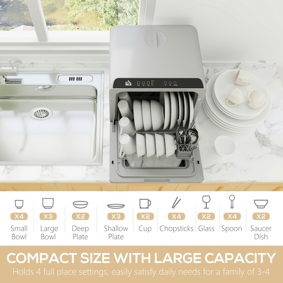 image 1 of HOMCOM Worktop Dishwasher w/ 4 Place Settings 6 Programs, Silver Tone