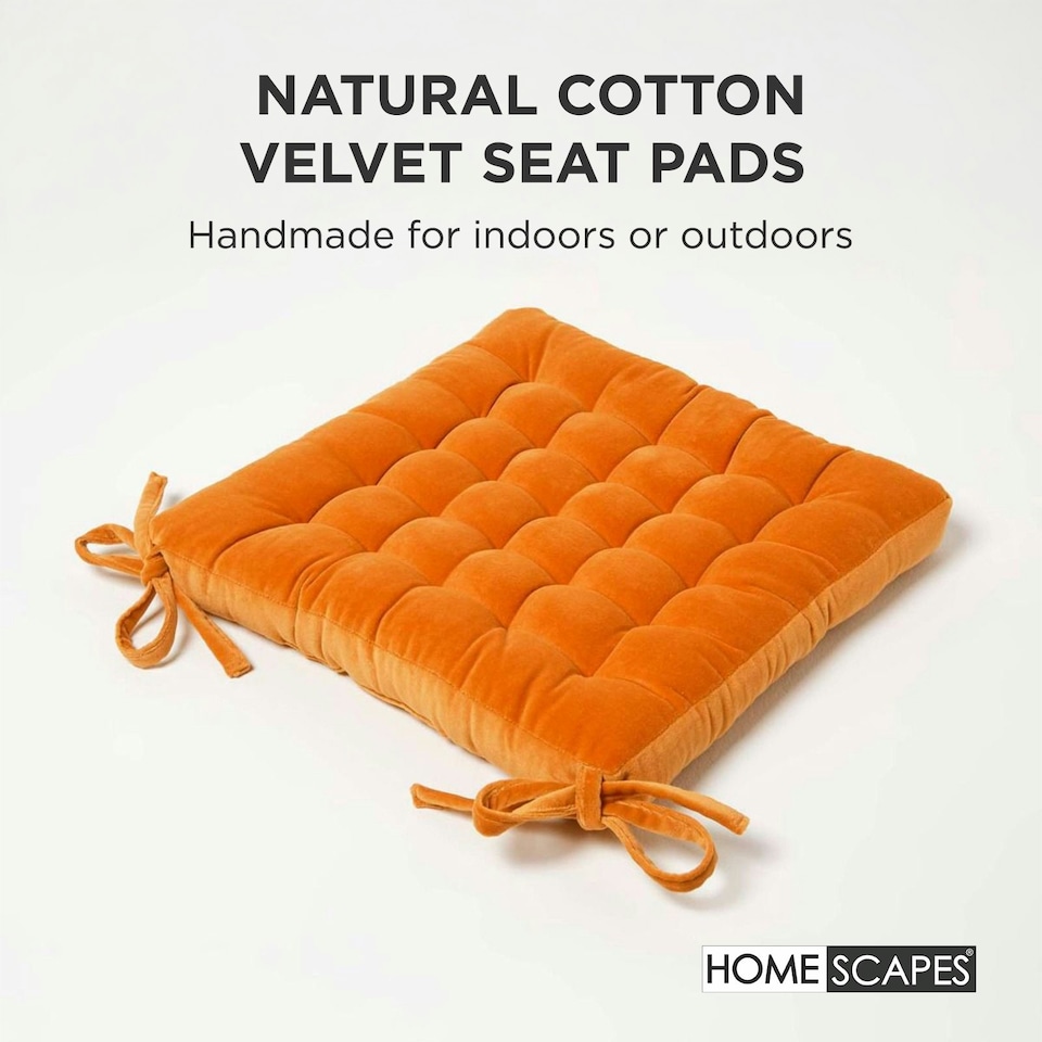image 1 of Homescapes Seat Pad Luxury 100% Cotton Velvet Indoor Outdoor Garden Dining Cushion Orange | 40 x 40 cm