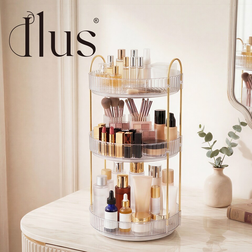 image 1 of ilus Makeup Organiser 360 Rotating Spinning 3 Tiers Cosmetic Organizer | White | White