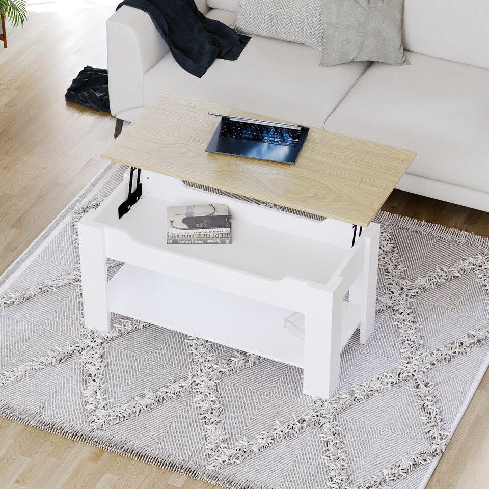image 1 of Vida Designs Lift Up Coffee Table With Storage Compartment & Shelf, White & Oak