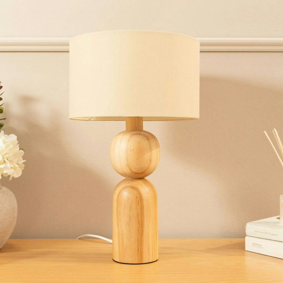 image 1 of ValueLights Azalea Rustic Wooden Bedside Table Lamp with a Natural Drum Lampshade