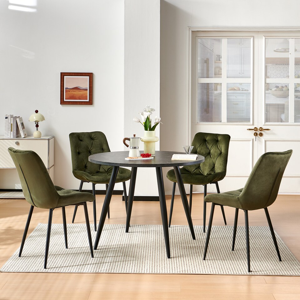 image 1 of SONARA Black Marble Round Dining Table and Velvet Chairs Set, Modern 4 Seater for Dining Room