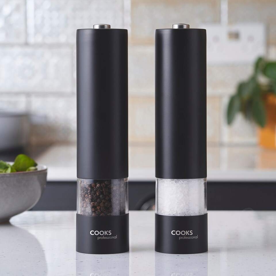 image 1 of Cooks Professional Electric Salt & Pepper Mill - Stainless Steel Automatic Grinder - Black