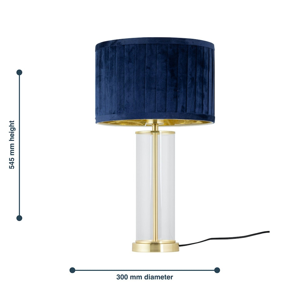 image 1 of Aura - Satin Brass Table Lamp with Navy Blue Pleated Velvet Shade Bronze | Blue