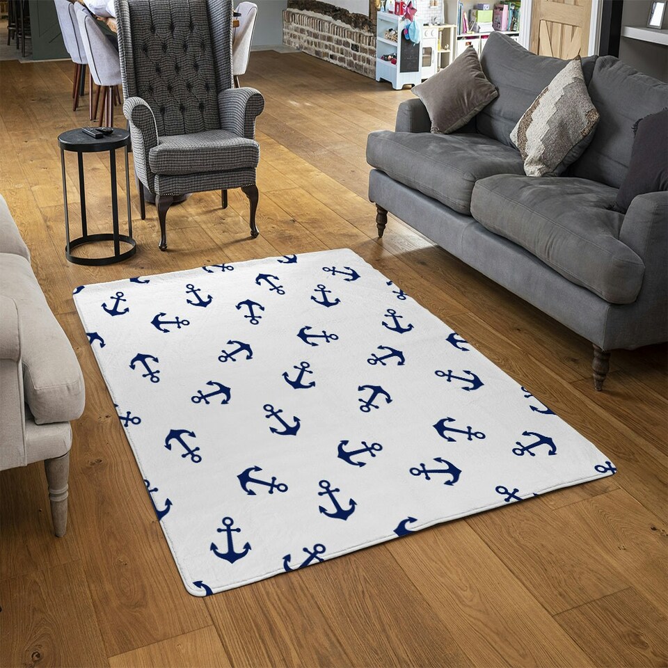 image 1 of Navy Anchors on White (Rug) Blue | Medium: 80x150cm