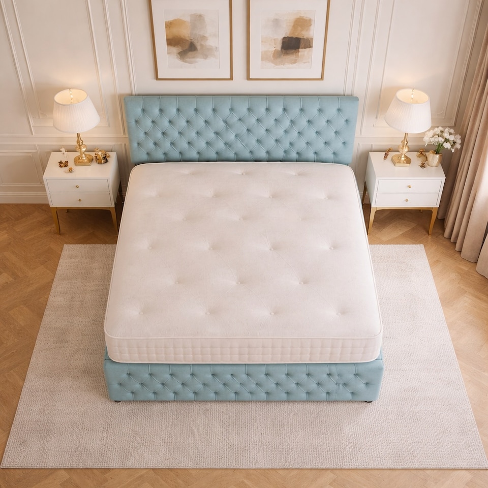 image 1 of Light blue plush double chesterfield divan bed set with footboard and headboard 4 Drawers