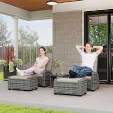 Outsunny 5 Piece Rattan Garden Furniture Set, Garden Reclining Rattan Chairs Set of 2 with Wood-Plastic Composite Table, Footstools and Thick Cushions for Balcony, Patio, Grey