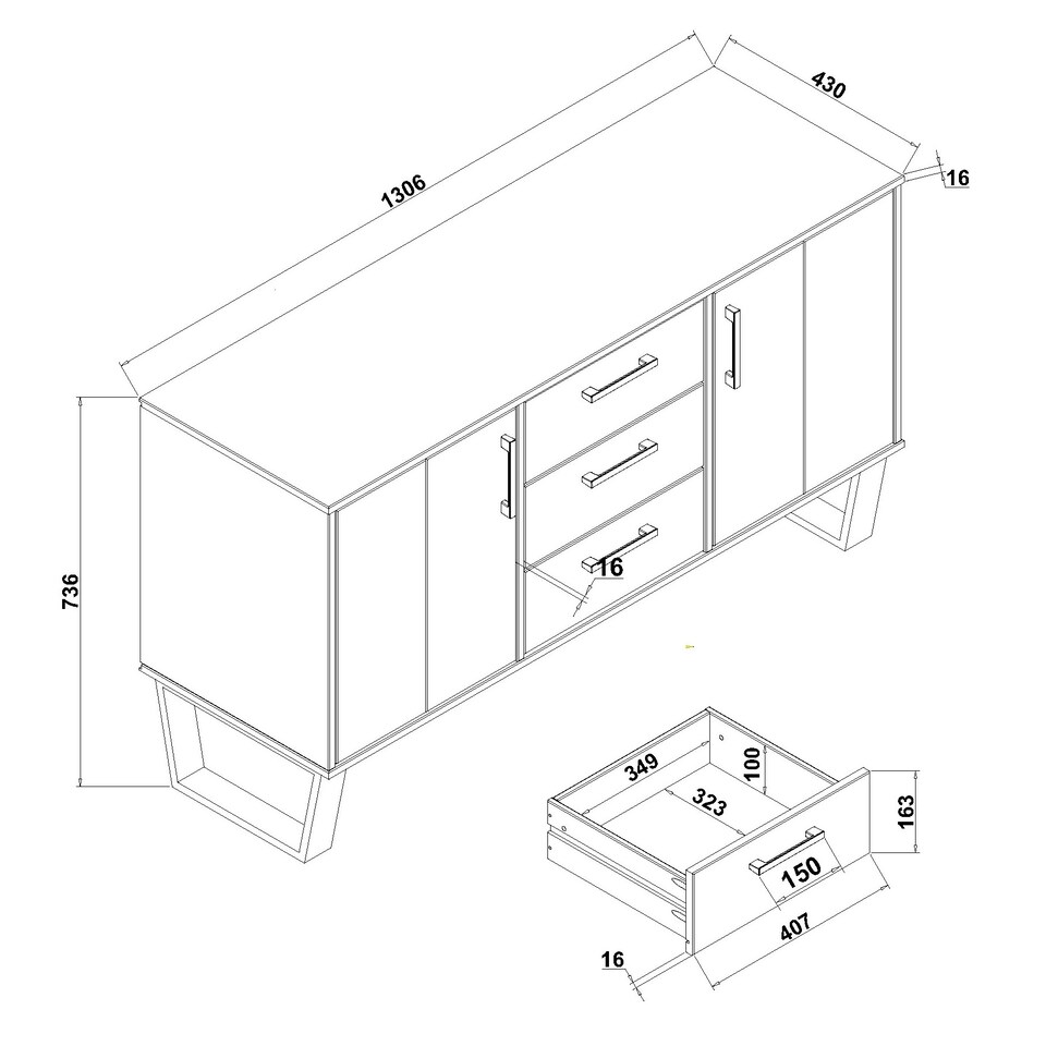 image 1 of Texas 2 Door 3 Drawer Medium Sideboard in Antique Waxed Pine - Industrial Style with Metal Legs | Grey | Grey | One Size | 1