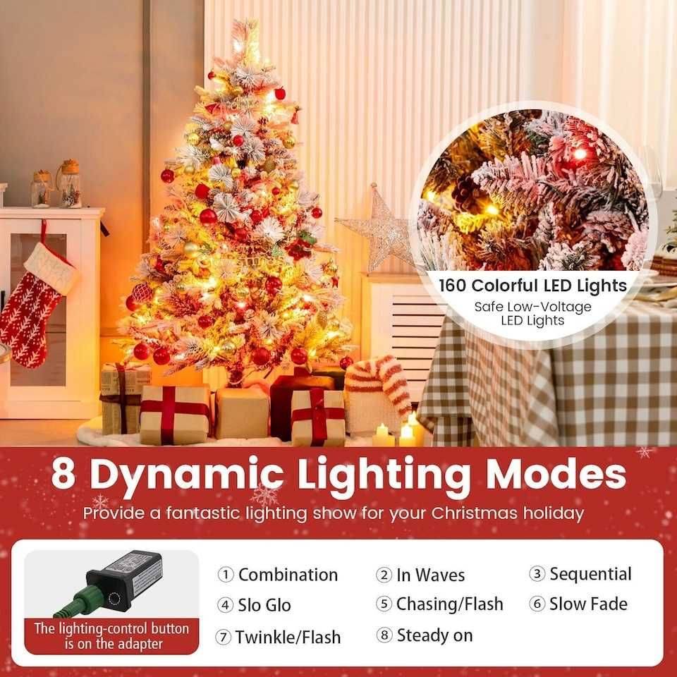 image 1 of COSTWAY 4.5 FT Pre-Lit Artificial Christmas Tree Snow-flocked | Green | One Size