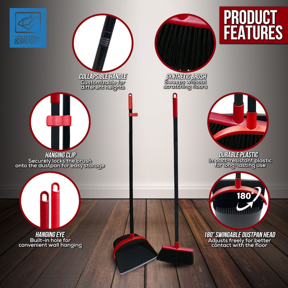 image 1 of Long Handled Dustpan and Brush Set Upright Sweeping Broom with Built-In Bristle Cleaner