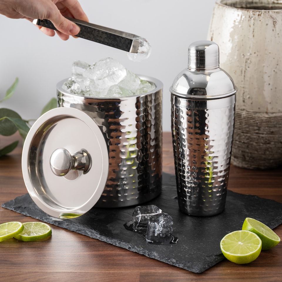 image 1 of BarCraft Barware Set Including Hammered Ice Bucket with Lid, Tongs and Cocktail Shaker