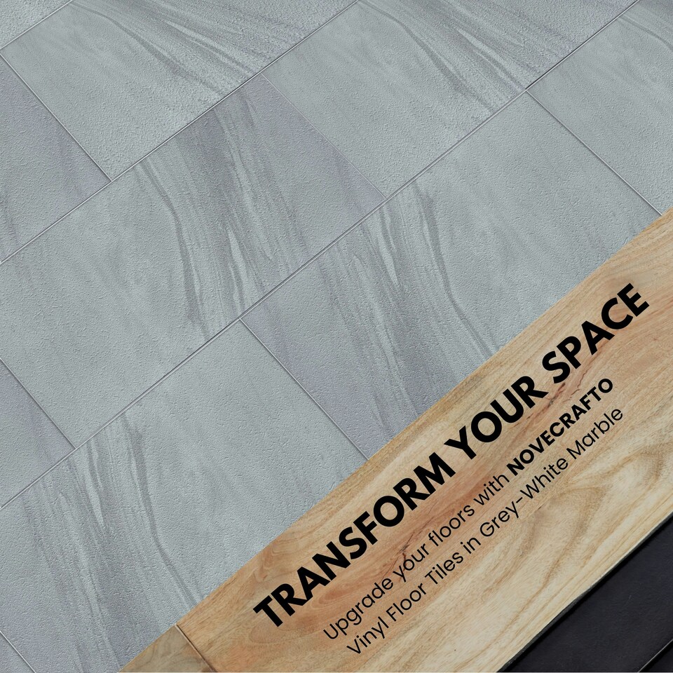 image 1 of NOVECRAFTO Vinyl Floor Tiles Self Adhesive – 12x24in Peel and Stick Waterproof Rectangular Flooring for Kitchen & Bathroom – Grey White Marble Effect Grey | 5.57 sqm