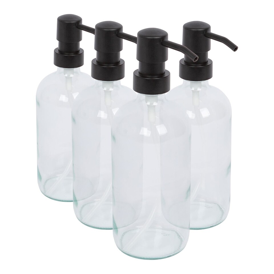 image 1 of Harbour Housewares 500ml Glass Soap Dispensers - 4x Clear Bathroom Kitchen Spa Refillable Hand Wash or Lotion Bottle with Pump