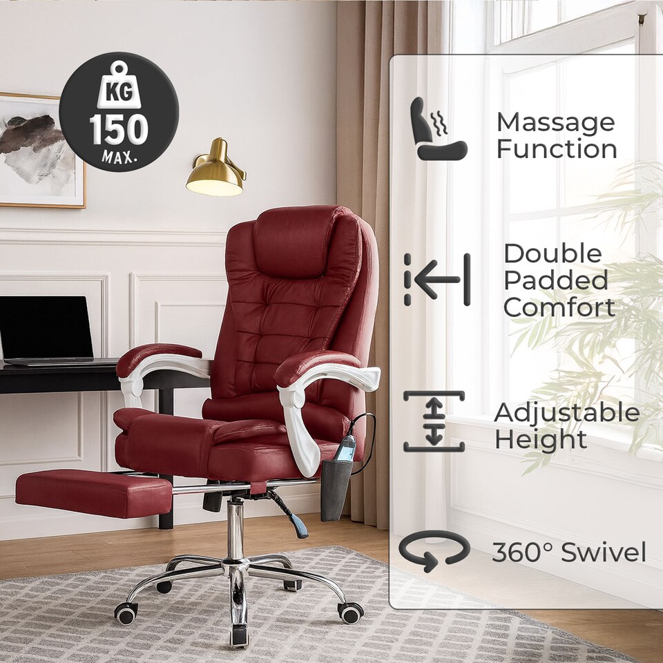 image 1 of Neo Office Chair Brown Faux Leather with Massage Function & Footrest | Red