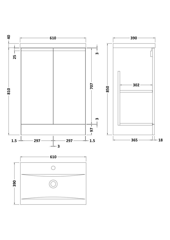 image 1 of Balterley Mavesyn Contemporary 2 Door Floor Standing Vanity Unit with Mid-Edge Basin, Satin Grey, 600mm