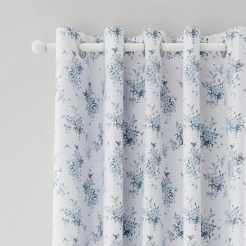 image 1 of Catherine Lansfield Lucie Floral Frill Fully Reversible Eyelet Curtains | Blue | 66x90"