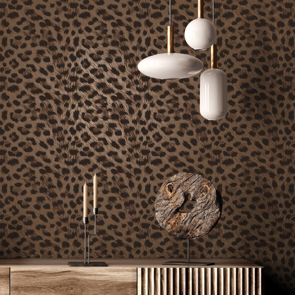 image 1 of Animal Print Wallpaper Brown Black Fur Effect Leopard Spots Modern Feature Wall
