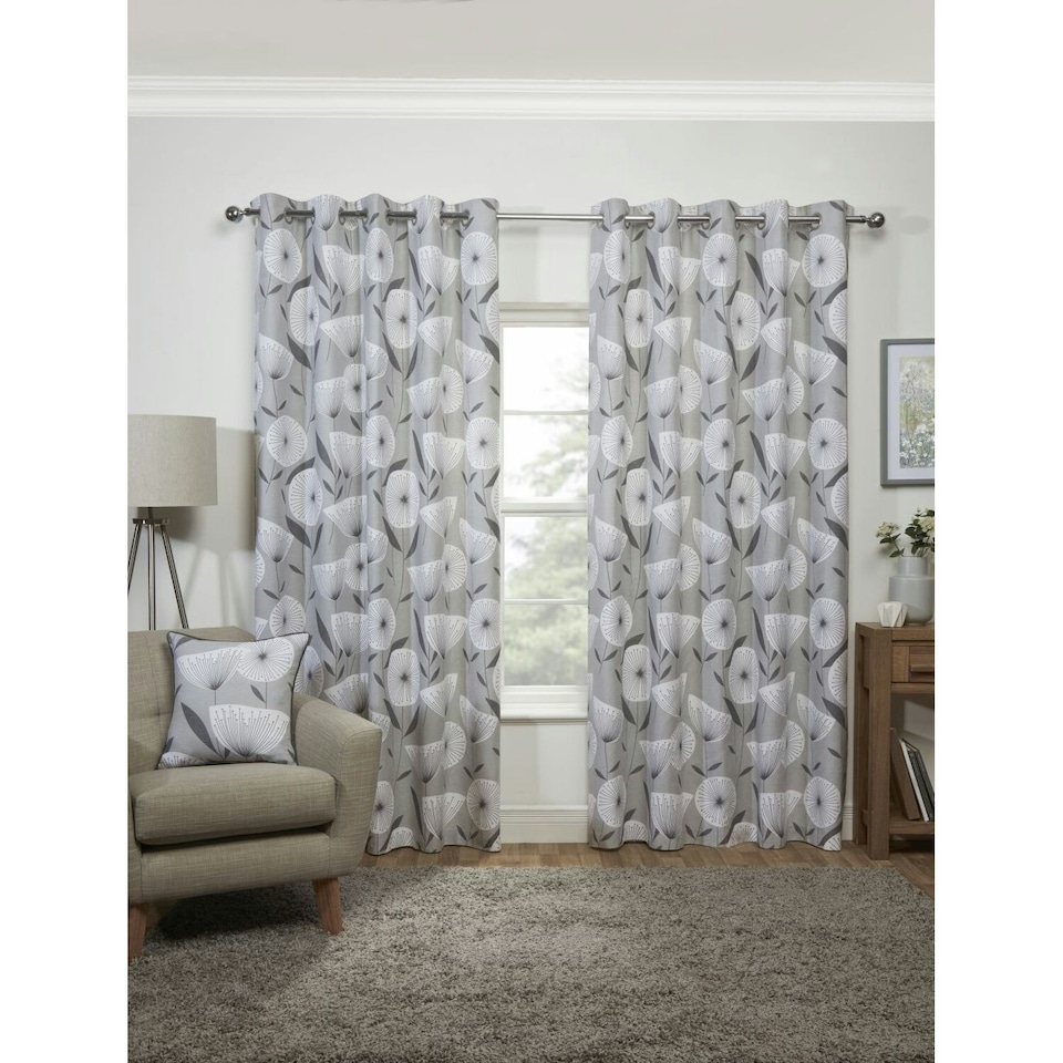 image 1 of Iona Printed Lined Eyelet Curtains 168cm x 183cm Grey | Grey | Grey