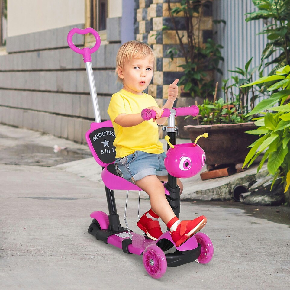image 1 of Kids Kick Scooter, Three-Wheel Walker w/ Removable Adjustable Seat, Pink
