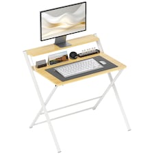 HOMCOM Compact Folding Desk for Small Spaces, Foldable Computer Desk with Storage Shelf for Home Office, 2-Tier Study Writing Table, 86 x 66 x 82 cm, Maple Wood-effect