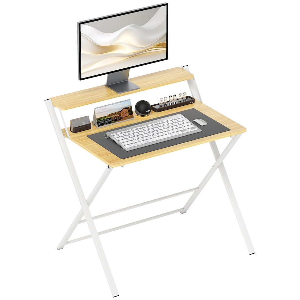 image 1 of HOMCOM Compact Folding Desk for Small Spaces, Foldable Computer Desk with Storage Shelf for Home Office, 2-Tier Study Writing Table, 86 x 66 x 82 cm, Maple Wood-effect