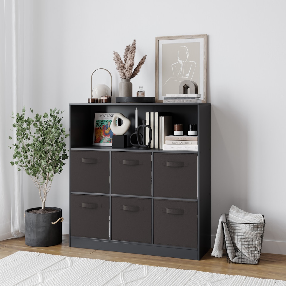 image 1 of Wide 7-Cube Bookcase With Drawers | Black | Black & Black | 1