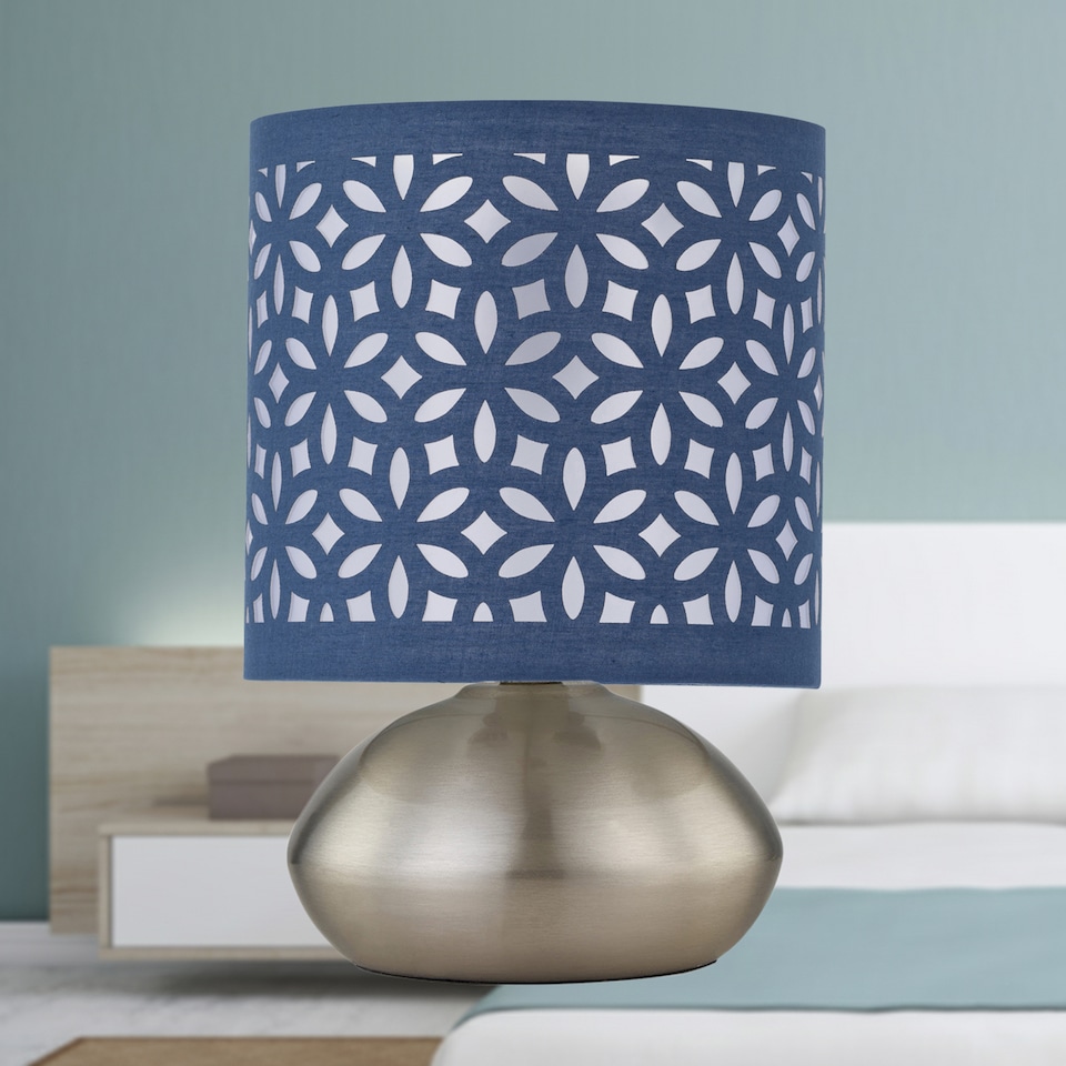 image 1 of Set of 2 Jenson - Brushed Chrome Touch Table Lamps Blue Cut Out Shade