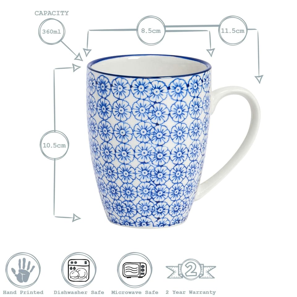image 1 of Nicola Spring Nicola Spring Hand-Printed Mug - 330ml - Navy - Pack of 6 Blue