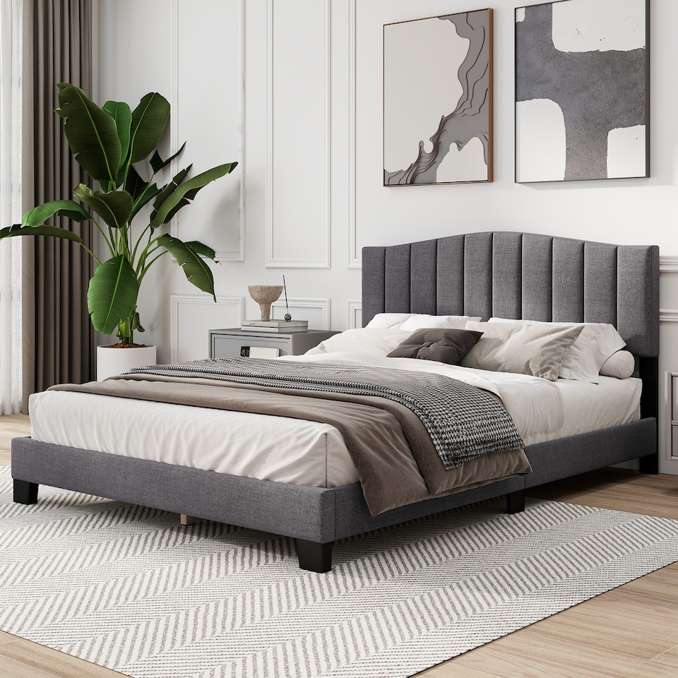 image 1 of COSTWAY Double Upholstered Bed Frame with Headboard Grey