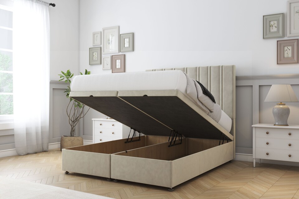 image 1 of Sloomy Langston Cream Plush Ottoman Bed With Mattress With 54" Floor Standing Headboard 3' Single