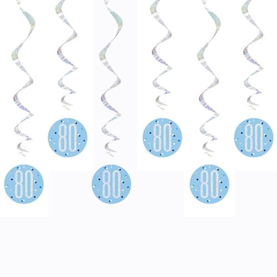 Blue Glitz Age 80 Holographic Hanging Swirl Decorations - Pack of 6