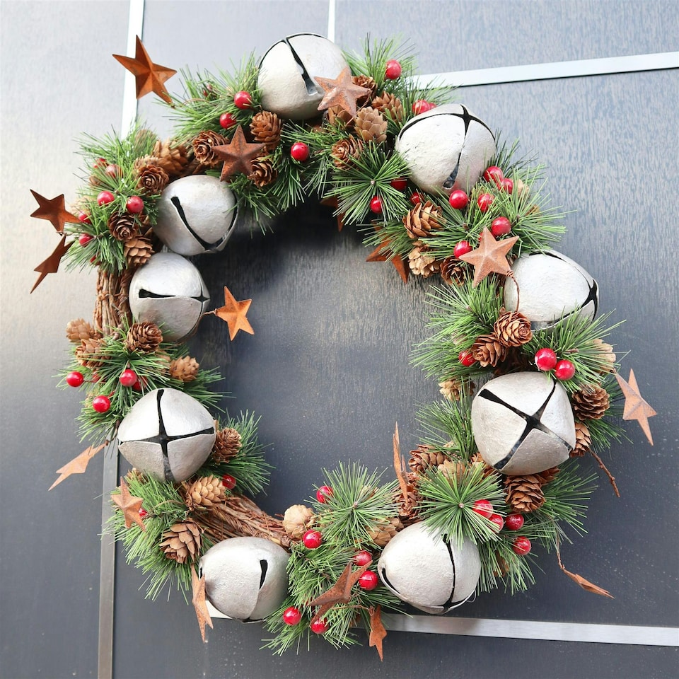 image 1 of 25cm Bells Stars and Pine Green Christmas Wreath