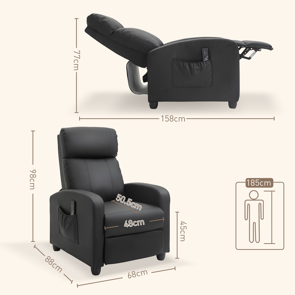 image 1 of HOMCOM Recliner Armchair, Massage Faux Leather Push Back Reclining Chair with Adjustable Leg Rest, Side Pocket, for Home Living Room Theatre, Black