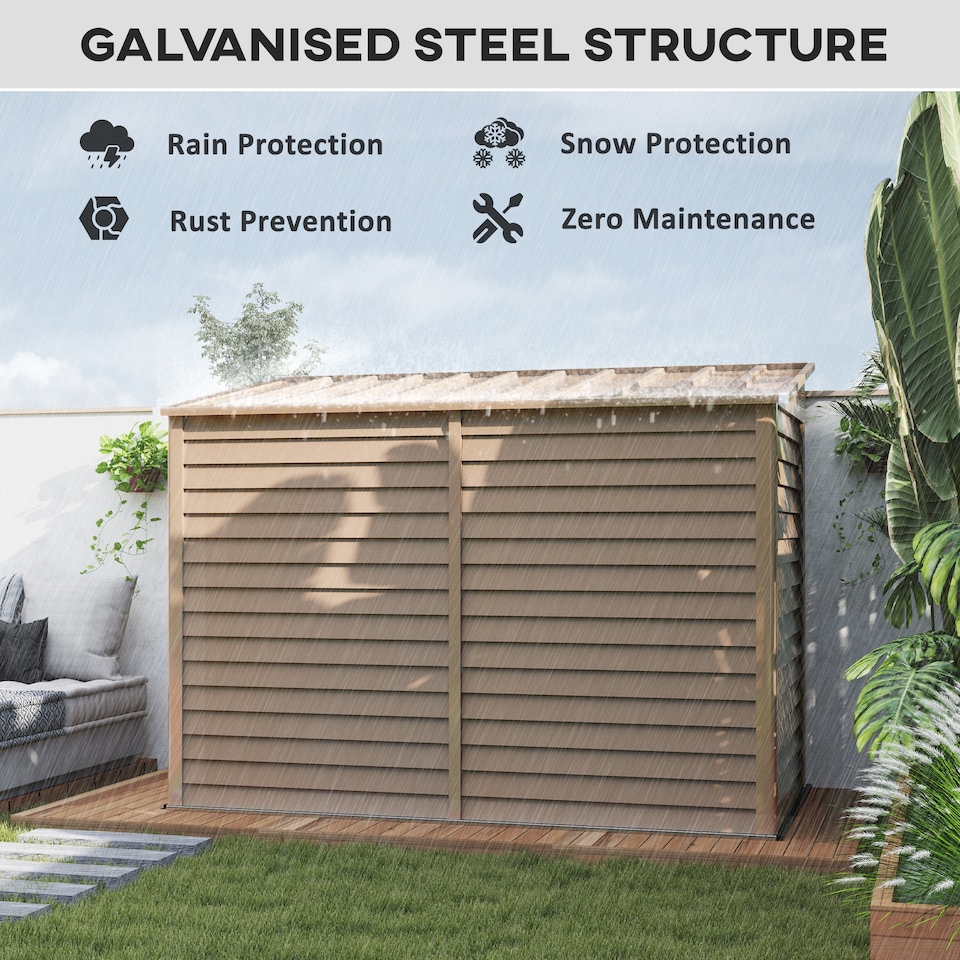 image 1 of Outsunny 5 x 9ft Galvanised Metal Garden Shed with Foundation Kit, Outdoor Leanto Shed, Tool Storage House with Lockable Doors, Gloves and 2 Air Vents for Patio, Garden, Brown | Brown | 143W x 270D x 202H cm