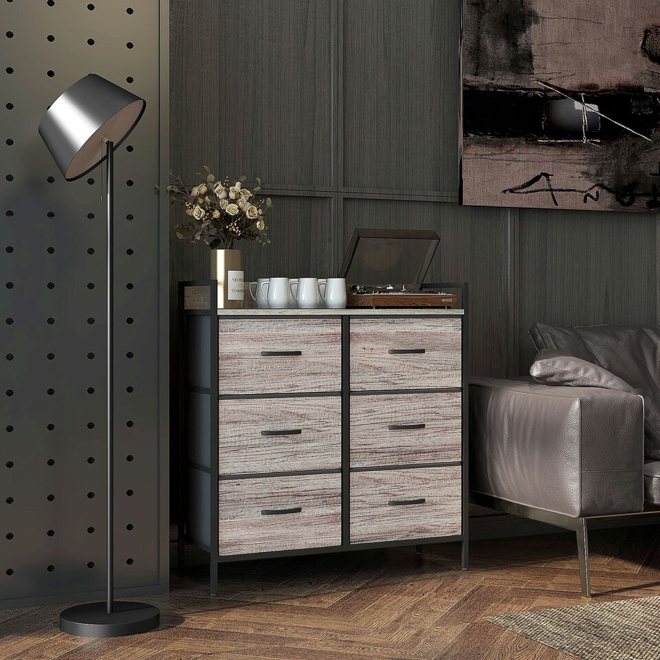 image 1 of HOMCOM Bedroom Chest of Drawers 6 Drawer Dresser w/ Shelf, Grey Wood Effect