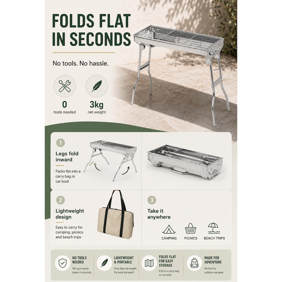 image 1 of Portable Charcoal BBQ Grill Folding Stainless Steel Barbecue Camping Festival