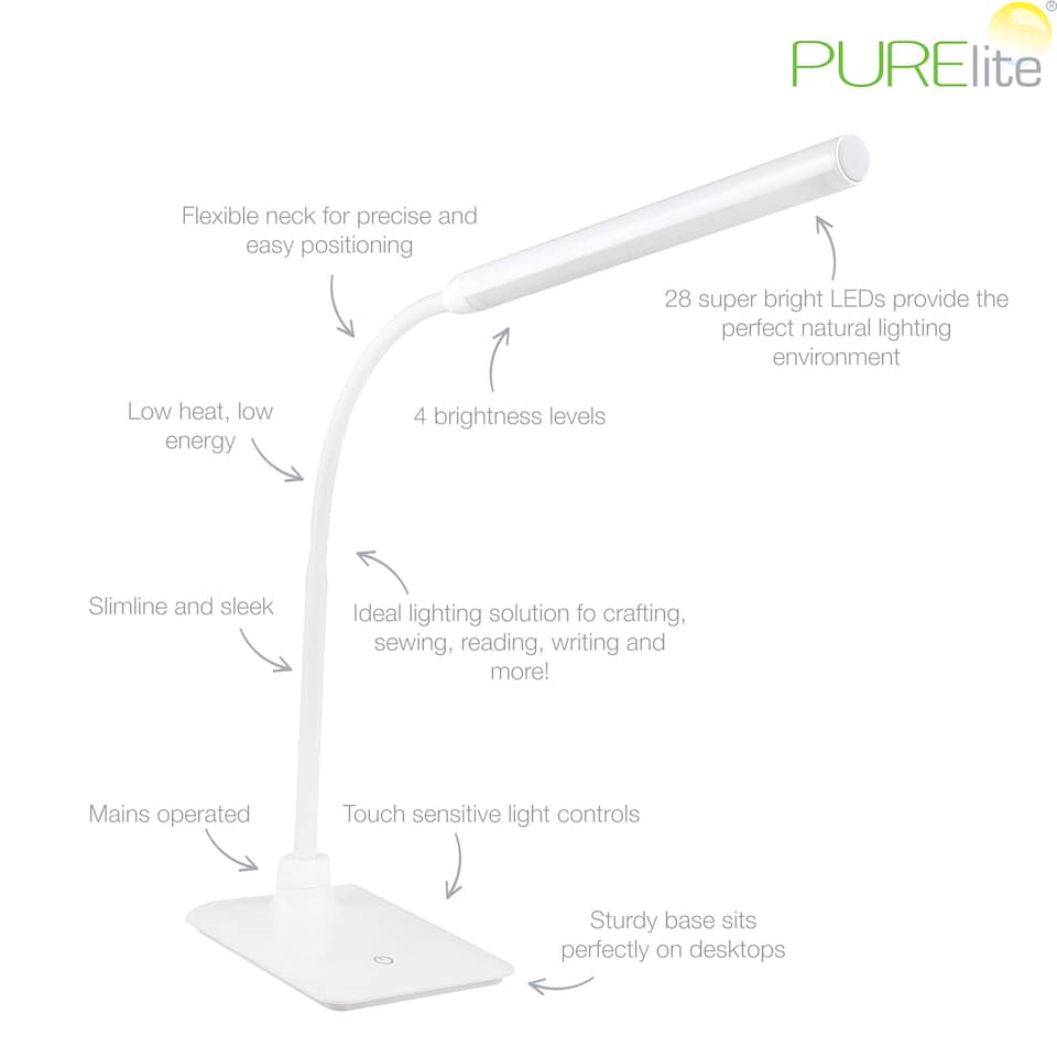 image 1 of PURElite LED Hobby Table Light - Flexible LED Table & Desk Lamp, Mains Operated with 4 Brightness Settings for Reading & Crafts