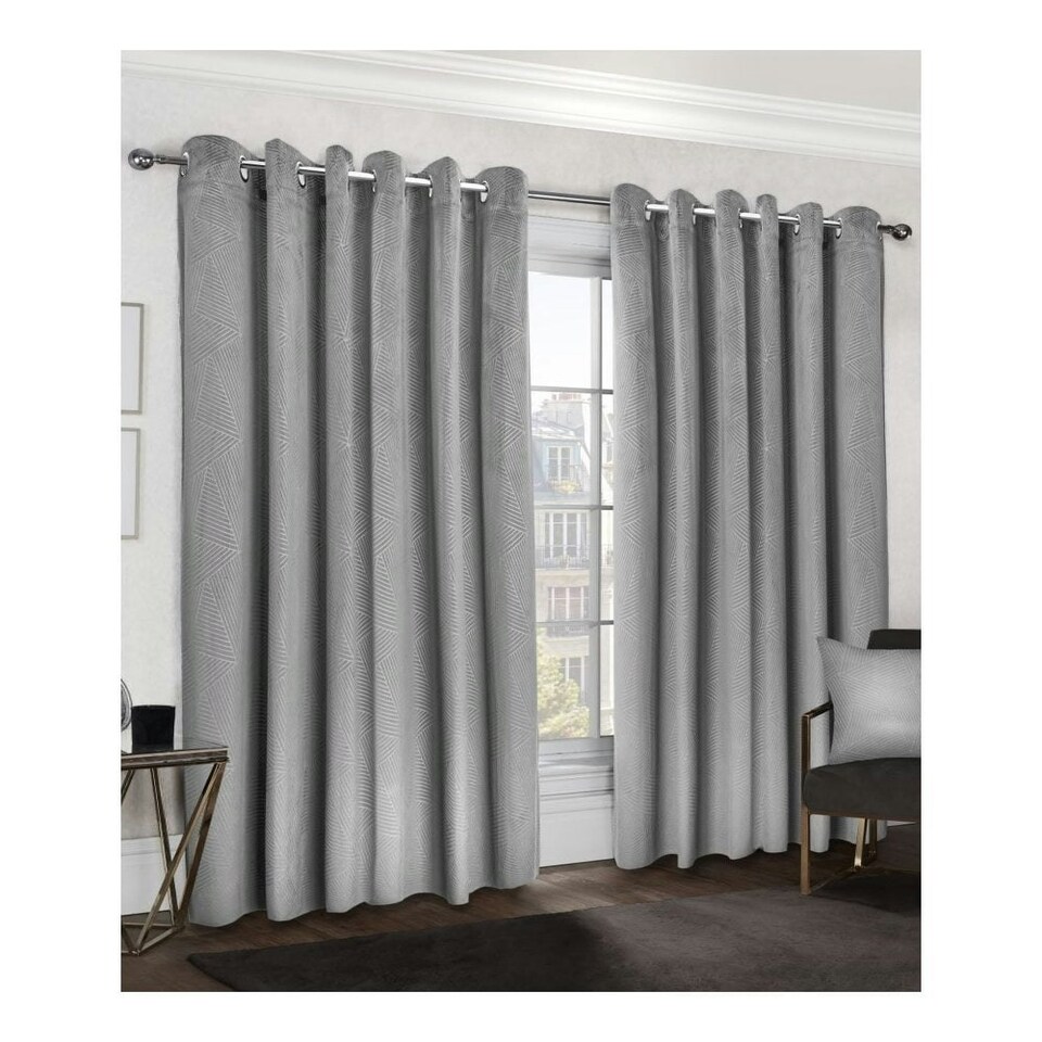 image 1 of Deco Lined Eyelet Geometric Curtains 168cm x 137cm Silver