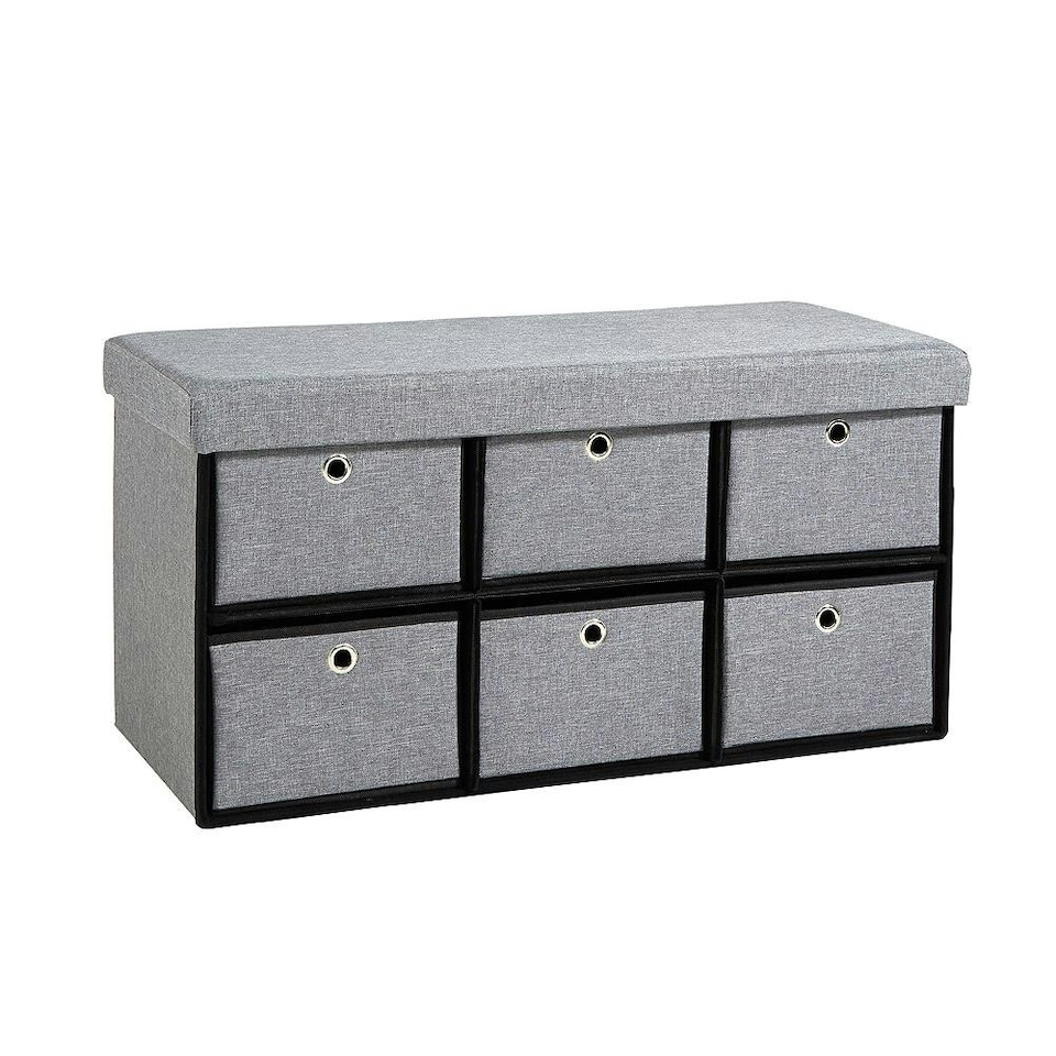 image 1 of Folding Ottoman 6 Drawer Storage Chest Solid Sturdy Space Saving Grey Fabric